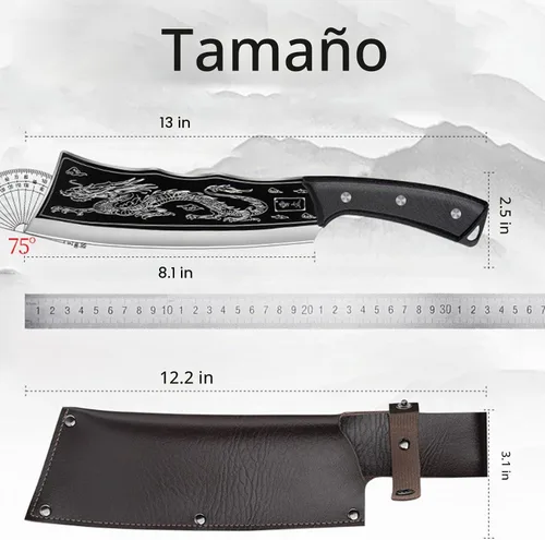 Vista 6 de Cuchillo de asesinato de dragón, Chopper tallado en forma de dragón, cuchillo de cocina Afilado, cuchillo de dragón negro, versión japonesa de acero
