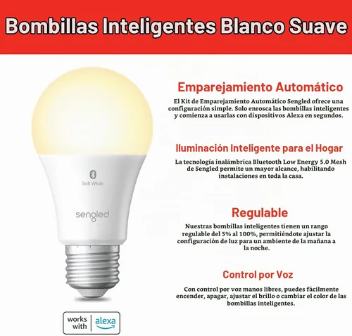 Vista 2 de Sengled Bombilla Alexa, S1 emparejamiento automático con dispositivos Alexa, bombillas inteligentes cálidas, iluminación inteligente de malla