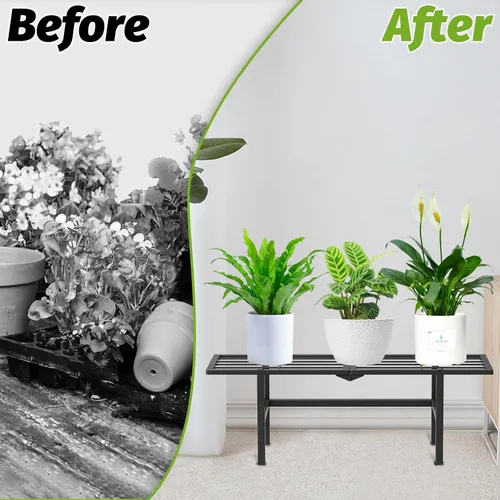 Vista 7 de Paquete de 2 soportes para plantas de 1 nivel para interiores y exteriores, estante plegable de metal para plantas, diseño estrecho de 8.7 pulgadas