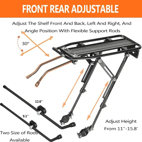 Vista 3 de Portaequipajes trasero para bicicleta con reflectante de gran tamaño, Portaequipajes para bicicleta con soportes de montaje extra largos