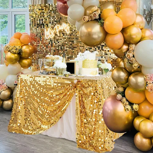 Vista 2 de B-Cool Mantel rectangular de lentejuelas doradas de 50 x 102 pulgadas, mantel rectangular con purpurina para fiestas, bodas, cumpleaños, Halloween