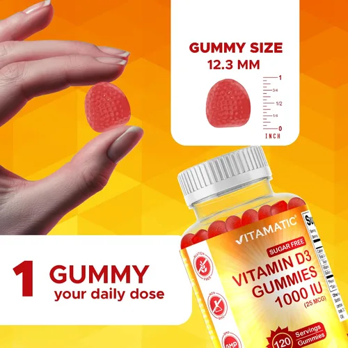 Vista 3 de Vitamatic Gomitas de Vitamina D3 sin Azúcar - 120 Gomitas a Base de Pectina - Gran Sabor - Huesos Saludables, Estado de Ánimo y Función del Sistema