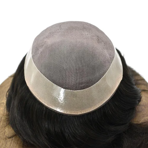 Vista 4 de Toupee de cabello humano fino mono revestido de poliéster para hombre, postizo de monofilamento duradero NPU monofilamento tupé para hombres