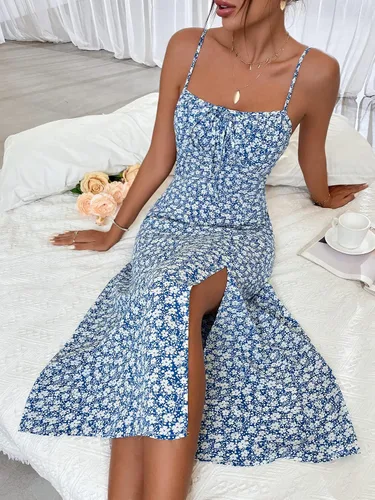 Vista 5 de Floerns - Vestido de verano con tirantes delgados para mujer, vestido por debajo de la rodilla floral