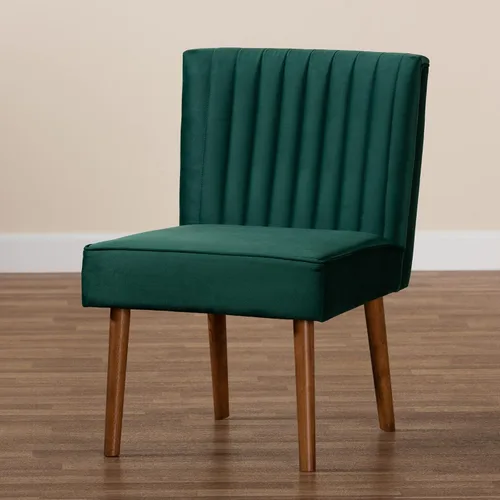 Vista 10 de Baxton Studio Alvis Mid-Century - Silla de comedor de madera tapizada en terciopelo verde esmeralda y acabado marrón nogal
