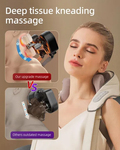 Vista 3 de Masajeador de cuello para aliviar el dolor de tejido profundo, alivia la tensión, amasador con calor, mejora la circulación, alivia el dolor Beige