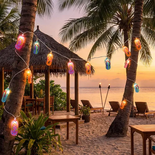 Vista 8 de Luces de cadena tricolor de pantuflas de 8.5 pies, luces de chancletas con temática de playa tropical al aire libre con 10 bombillas de plástico