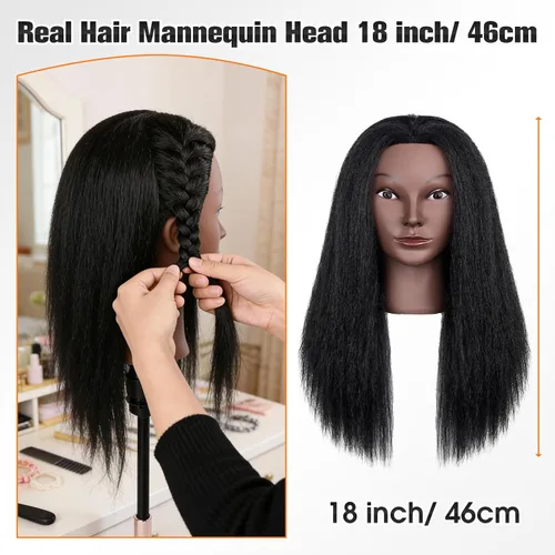 Vista 6 de Mannequin Head with 100% Human Hair,TopDirect 16"Real Hair Cosmetology Mannequin Manikin Head Hair Styling Hairdressing Practice Training Doll Head