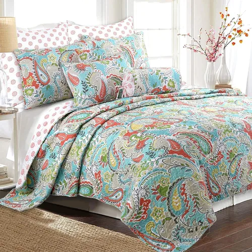Vista 2 de Blue Cotton 3-Piece Reversible Floral Paisley Quilt Bedding Set by Cozy Line Home Fashions