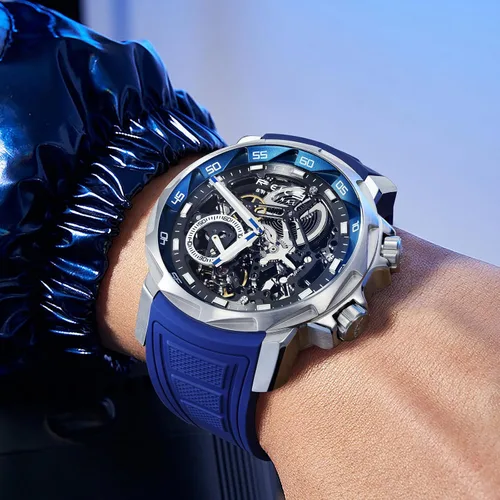 Vista 7 de FEICE FM511 Men's Automatic Skeleton Watch, Luxury Sapphire Crystal Glass Blue Dial Luminous Hands, 5ATM Waterproof Sport Wristwatch with Silicone