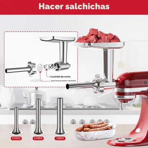 Vista 3 de Accesorio para picadora de carne para batidora de pie KitchenAid, picadora de carne para KitchenAid, incluye 3 accesorios para embutir salchichas