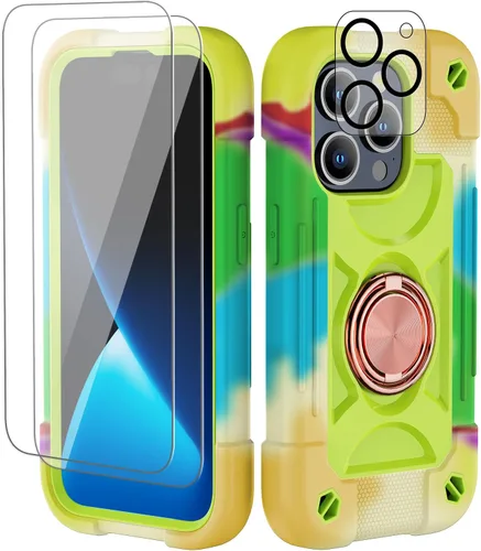 Vista 60 de Funda para iPhone 11 de 6.1 pulgadas con soporte de anillo, con 2 protectores de pantalla de vidrio, resistente a los golpes, resistente a
