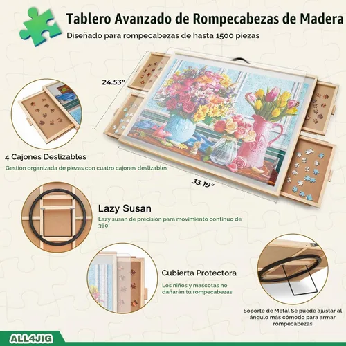 Vista 2 de ALL4JIG - Tabla de rompecabezas inclinable y giratoria 2 en 1, 1500 piezas, mesa de rompecabezas de ángulo ajustable de 33.19 x 24.53 pulgadas con 4