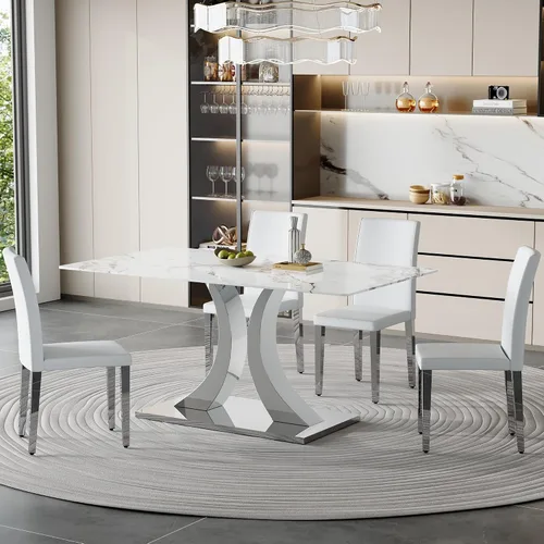 Vista 10 de Juego de mesa de comedor de mármol para 4, moderna mesa de oro blanco de 63 pulgadas con patas de marco de forma intercambiable y sillas de comedor
