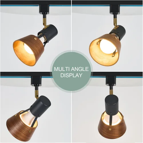 Vista 8 de TeHenoo Modern H Type Track Lighting, Matte Black, Pack of 3 Adjustable Track Heads, Natural Wood Lampshade, E26 Socket, Brass Swivel Item Kit