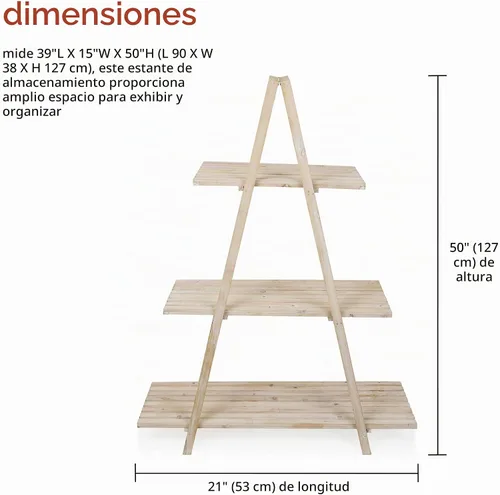 Vista 3 de Alpine Corporation MBB168 Estante de almacenamiento triangular de madera moderno de 3 niveles, 50 pulgadas de alto, acabado natural