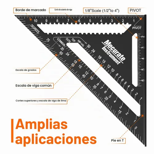Vista 4 de Mecurate Rafter Square, Cuadrado de Viga de 12 Pulgadas Triángulo Cuadrado de Carpintero de Aluminio Fundido a Presión para Carpintería y Ebanistería