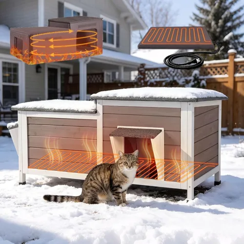Vista 8 de Outdoor Cat House Weatherproof 2-Room Weatherproof Shelter 34" L