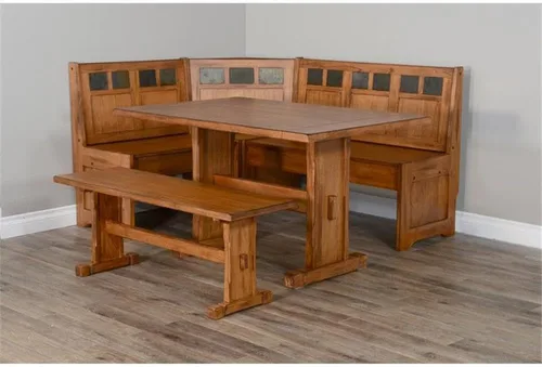 Vista 4 de Pemberly Row Juego de rincón de cocina de madera de granja con mesa, banco reversible y almacenamiento oculto en roble rústico