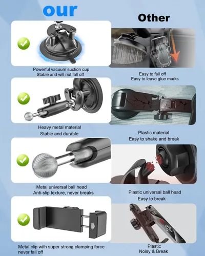 Vista 5 de Soporte de teléfono para automóvil con ventosa resistente, brazo de ajuste de metal para parabrisas, salpicadero, ventanas laterales, soportes