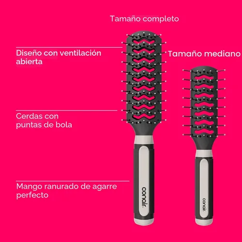 Vista 3 de Conair Grip & Lift Vent - Juego de cepillos de tamaño completo y mediano, cepillos de cerdas de nailon para peinar, paquete económico
