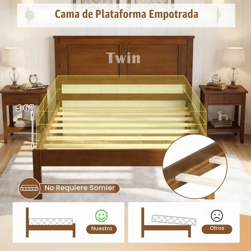 Vista 6 de GIANTEX Marco de cama de madera individual con cabecero, plataforma moderna de mediados de siglo con soporte de listones de madera, base de colchón
