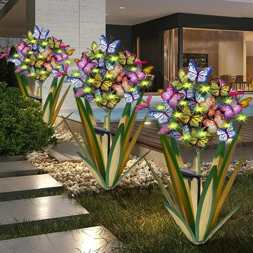 Vista 14 de Homight Escultura Solar de Metal Agave Mariposa Flor en Palo para Jardín - Regalo al Aire Libre, Luces de Navidad - Luces de Jardín de Mariposas