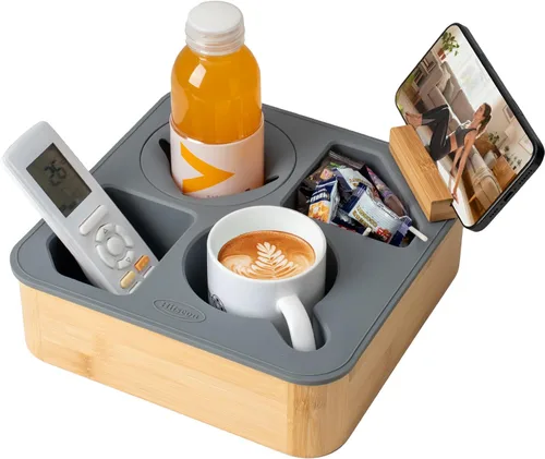 Vista 7 de Bandeja con Soporte para Tazas de Sofá, Caddy de Bambú de Silicona Hitseon con Soporte Giratoria para Teléfono para Cama y Asiento de Coche