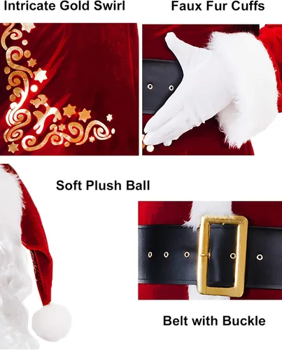Vista 5 de Ahititi Disfraz de Papá Noel para hombre, juego de 12 piezas de terciopelo rojo de lujo para fiesta de Navidad, cosplay para adultos, Rojo