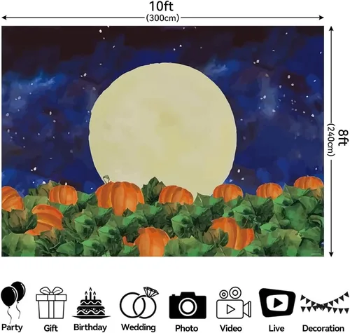 Vista 7 de Fondo de fotografía de campo de calabaza de Halloween de 10 x 8 pies, cielo estrellado, noche, luna, fondo de Halloween, baby shower, fiesta