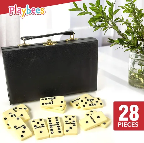 Vista 2 de Playbees Juego de dominó doble de seis de primera calidad, 28 azulejos clásicos en funda de piel sintética, divertido juguete educativo para niños