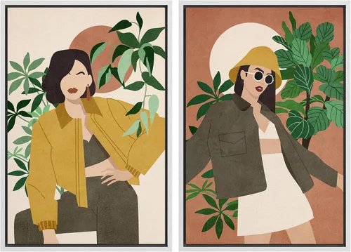 Vista 40 de SIGNFORD Lienzo enmarcado para pared, juego de arte geométrico retro de mediados de siglo, plantas forestales, ilustraciones con formas abstractas