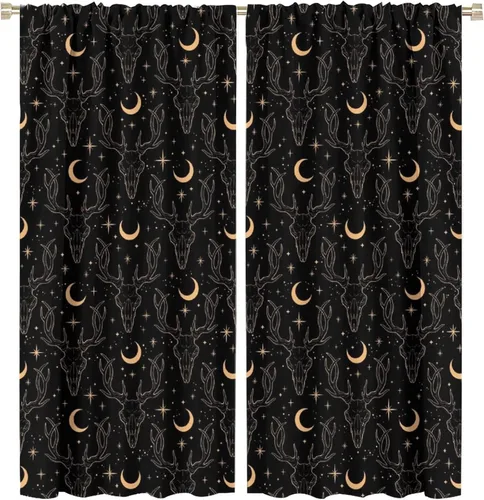 Vista 40 de BAEKJIN Cortinas de cabeza de cabra, diseño de calavera malvada, bruja, símbolo misterioso, bolsillo para barra, cortinas opacas para ventana, juego