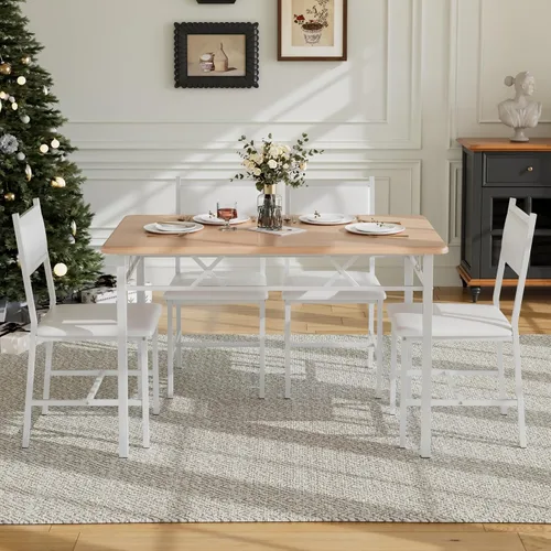 Vista 9 de VECELO Juego de mesa de comedor para 4 personas con sillas, mesa de cocina de 5 piezas y sillas acolchadas tapizadas para espacios pequeños, blanco