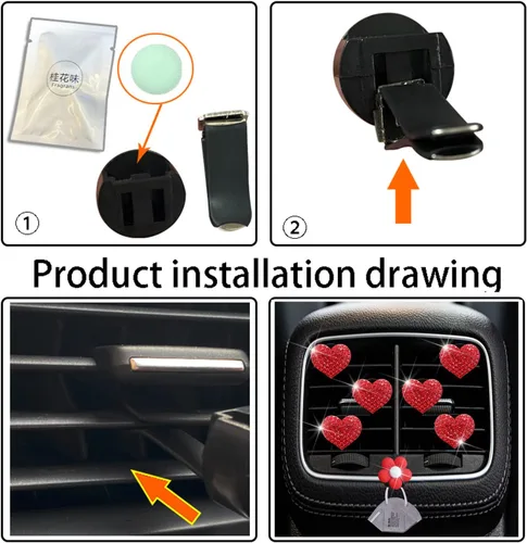 Vista 7 de Clips de ventilación con corazón brillante, 6 piezas de ambientadores de coche en forma de corazón rojo, decoración interior de coche con diamantes