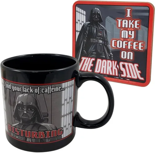 Vista 3 de ICUP Taza de cerámica con posavasos con texto en inglés "I Take My Coffee On The Dark Side
