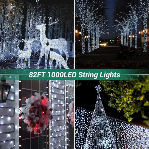 Vista 3 de Quntis Luces de Navidad en cadena de racimo de 1000 LED de 82 pies – 8 modos de luces de árbol de Navidad – Luces de Navidad impermeables