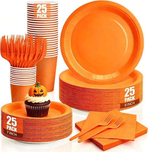 Vista 26 de Platos y servilletas de papel negro, platos desechables para fiestas, incluye platos de 7 y 9 pulgadas, tazas, servilletas, tenedores, suministros