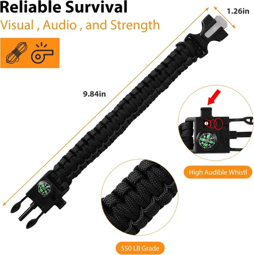 Vista 3 de Pulseras Oadnfa, pulseras de supervivencia para hombres, kit de equipo táctico de paracord de 5 en 1 para acampar, con cuerda de paracaídas