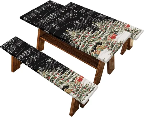 Vista 22 de Juego de 3 calcetines de árbol de Navidad de dibujos animados y galletas, funda de mesa de picnic ajustable con funda de banco, manteles Calcetines