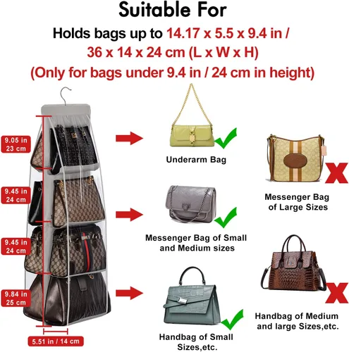 Vista 3 de Lirex Organizador colgante de bolso, 8 bolsillos, colgador de almacenamiento para bolso, ropa Oxford para armario familiar, dormitorio, plegable
