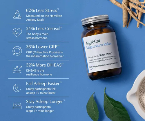 Vista 2 de AlgaeCal Magnesium Relax™ - Magnesio Quelado con Ashwagandha para Dormir y Ansiedad Ocasional - Glicinato, Malato, Citrato - Apoyo para el Sueño