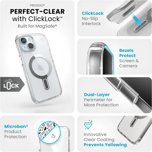 Vista 3 de Speck Funda transparente para iPhone 17e y 15 – ClickLock con bloqueo antideslizante, diseñada para MagSafe, protección contra caídas – para iPhone