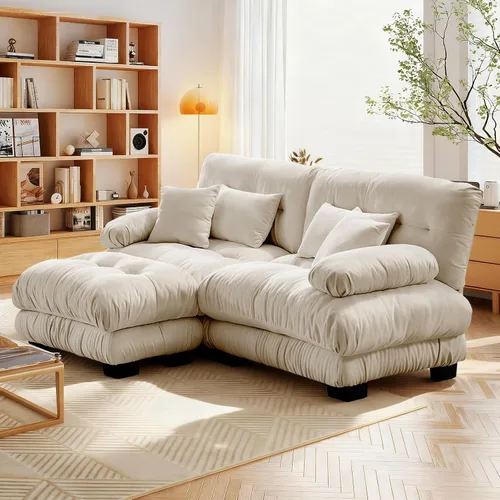 Vista 6 de Reposapiés Otomano Tapizado de Terciopelo con Cojín para Sofá Seccional Sofá 300 libras para Sala de Estar (Beige)