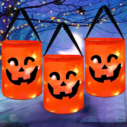 Vista 8 de CCINEE 3 bolsas de dulces de Halloween con luz LED, cubo multiusos iluminado para Halloween para fiesta de Halloween, bolsas de golosinas
