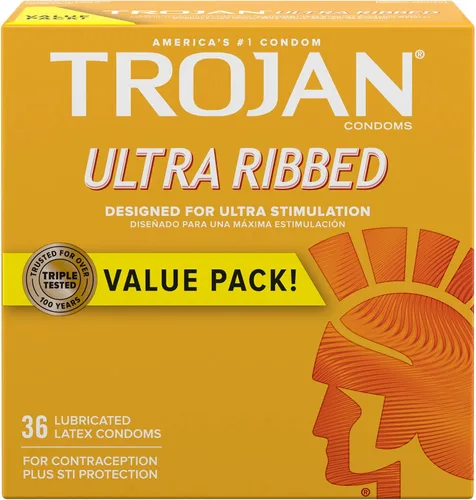 Vista 2 de Trojan Preservativos ultra acanalados para ultra estimulación, 36 unidades, 1 paquete y condones de placer extendido con control de clímax