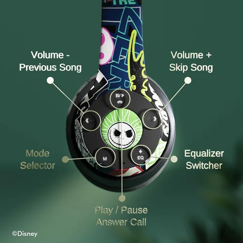 Vista 5 de iJoy Disney La Noche antes de Navidad Jack Sticker - Auriculares Bluetooth plegables inalámbricos con orejeras, micrófono incorporado, diseño