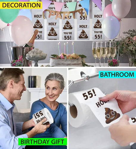 Vista 5 de Papel higiénico impreso TP para regalo de cumpleaños 55 – Holy You're 55 Bday Party Funny Birthday Gag Gift Broma papel higiénico, novedad única 55