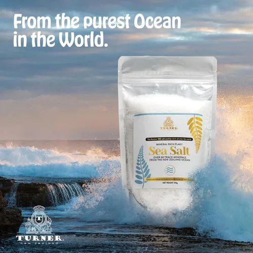 Vista 3 de TURNER Sal marina escamosa rica en minerales, fabricada en Nueva Zelanda, copos Kosher, 14.82 oz, gourmet premium, sin procesar, 84 minerales