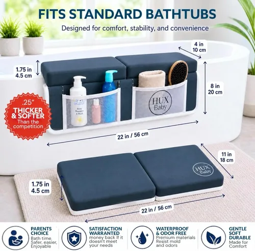 Vista 2 de Cómodo juego de rodilleras y coderas de baño para bebé, almohadilla antideslizante para bañarse, tapete acolchado para bañera, coderas, bolsillos